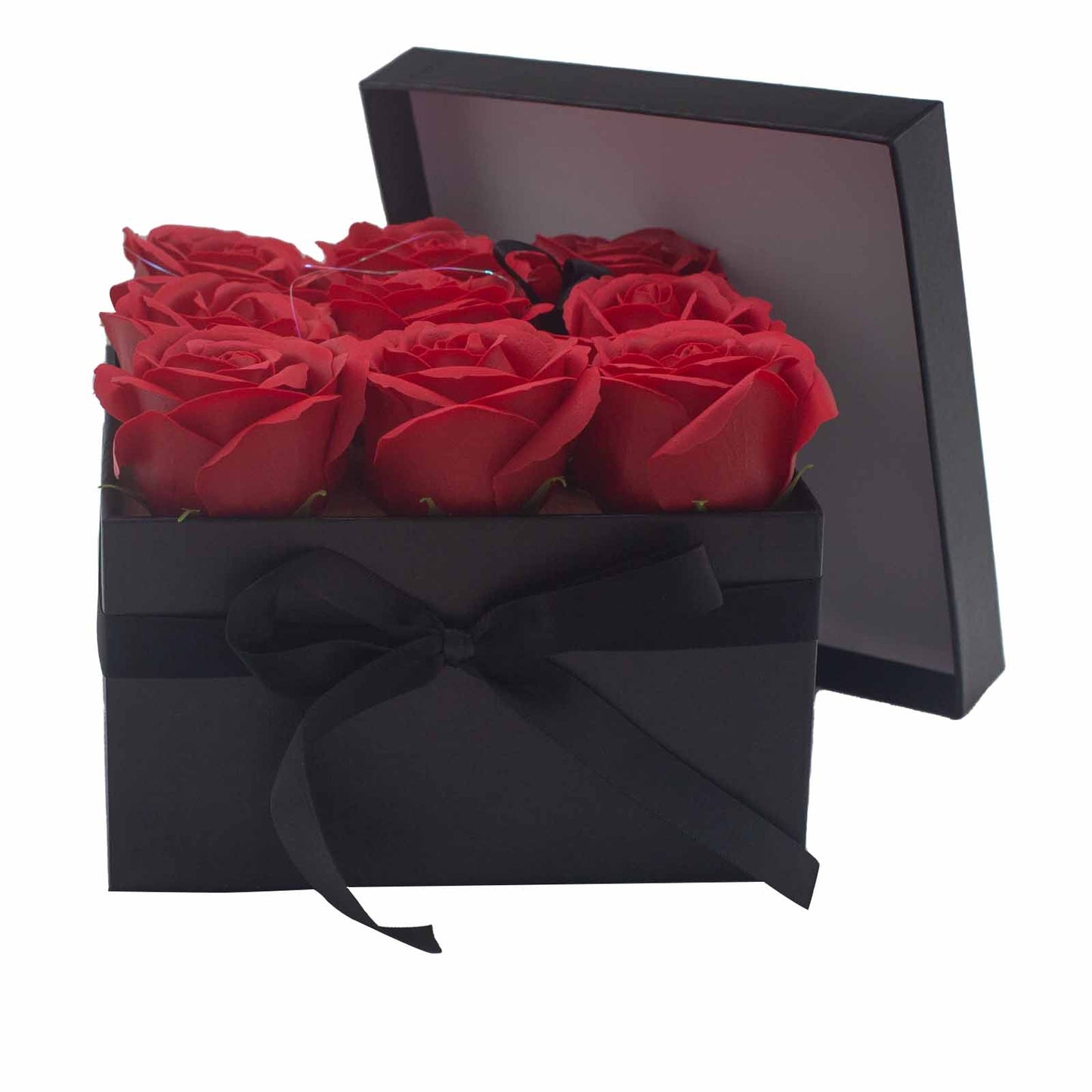 Zeepbloem Geschenkboeket - 9 roze of rode rozen - Vierkant
